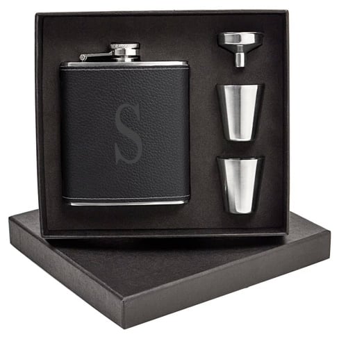 Monogram Groomsmen Gift Black Leather Wrapped Flask