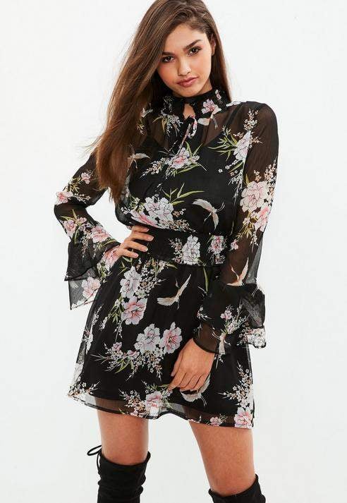 Missguided Black High Neck Floral Chiffon Skater Dress