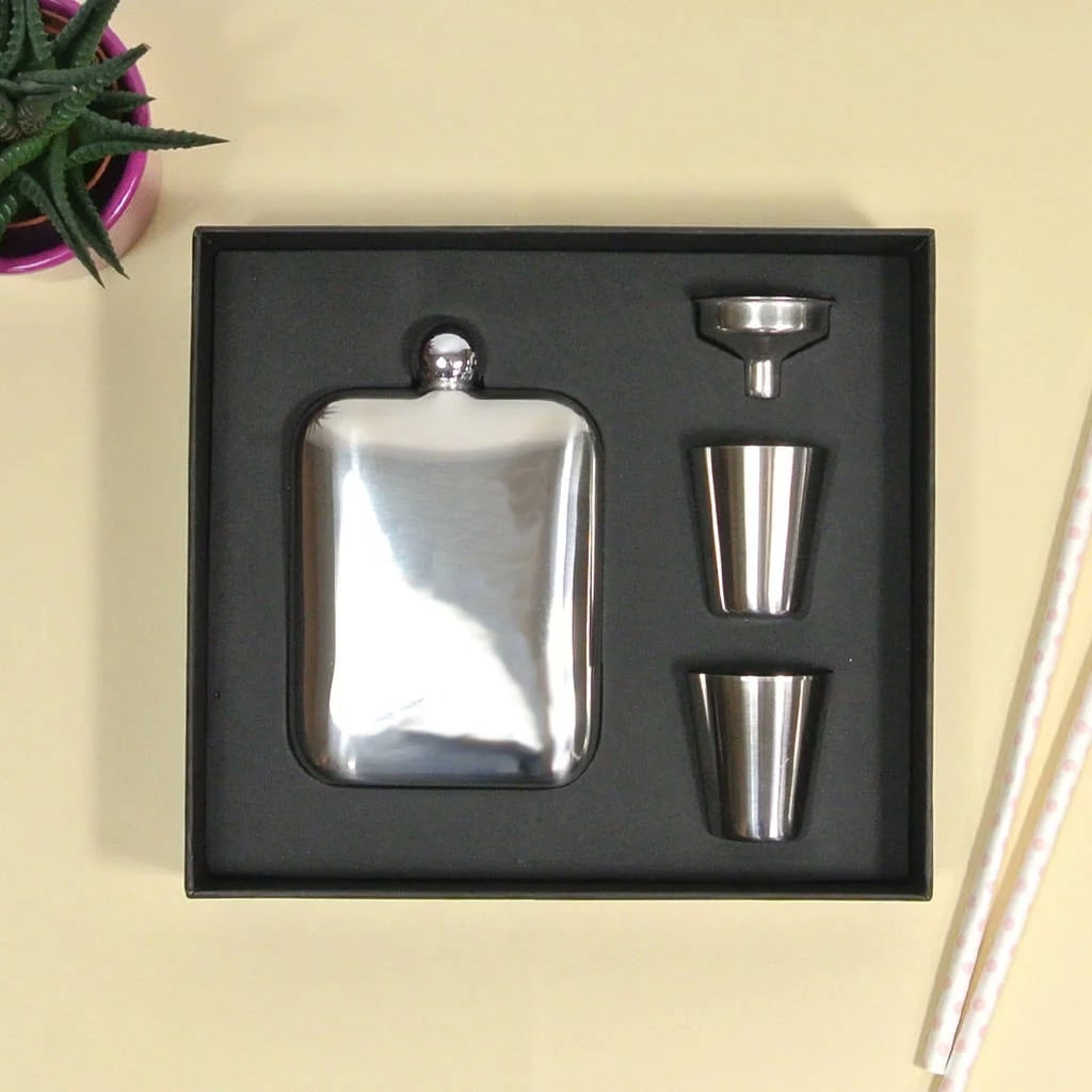 Silver Hip Flask Set With Personalised Leather Sleeve