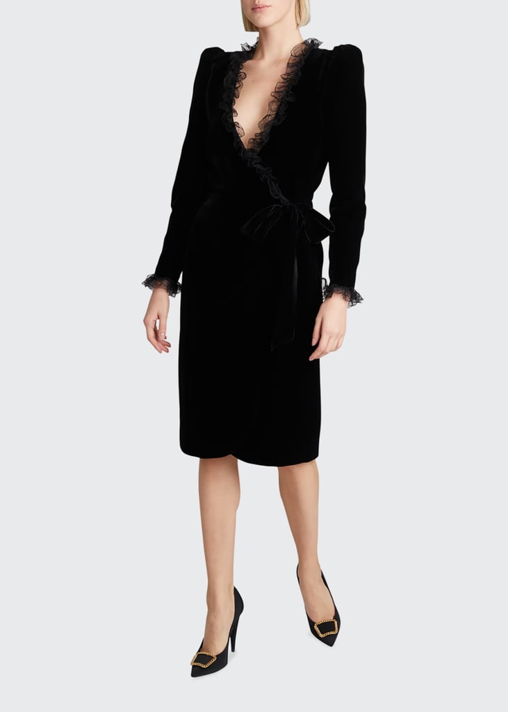 Saint Laurent Velvet Lace-Trim Tie-Waist Wrap Dress