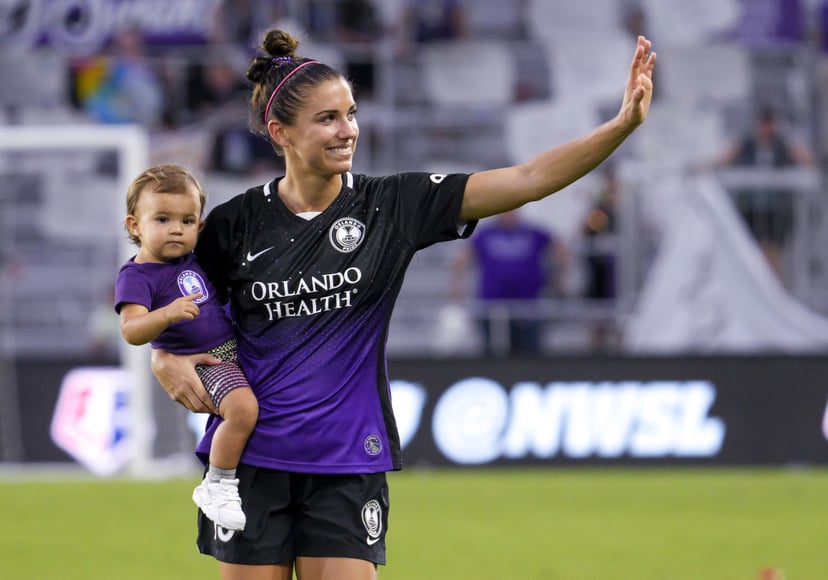 ORLANDO, FL - JUNE 20: Orlando Pride forward Alex Morgan (13) and her daughter Charlie after the NWSL soccer match between the Orlando Pride and the NY/NJ Gotham FC on June 20, 2021 at Explorer Stadium in Orlando, FL. (Photo by Andrew Bershaw/Icon Sportsw