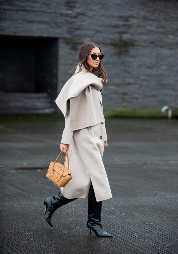 The Knee-High Boot Outfit: A Classic Coat + Scarf + Structured Bag