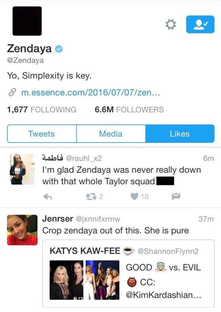 9:48 p.m. — Zendaya "Liked" a Few Tweets That Shaded Taylor 9:48 p.m. — Zendaya "Liked" a Few Tweets That Shaded Taylor