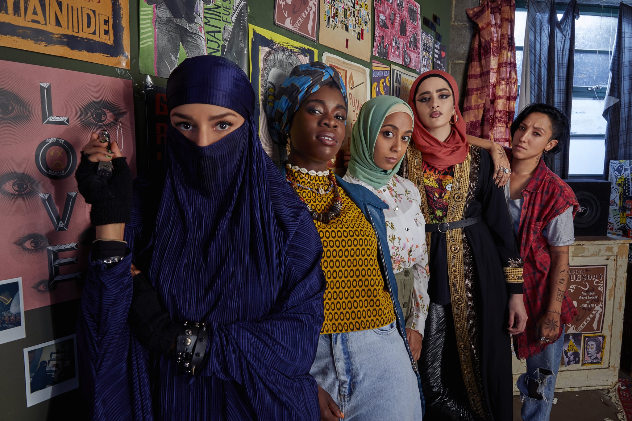 L-R - Lucie Shorthouse (Momtaz), Faith Omole (Bisma), Anjana Vasan (Amina), Juliette Motamed (Ayesha),  Sarah Impey (Saira)