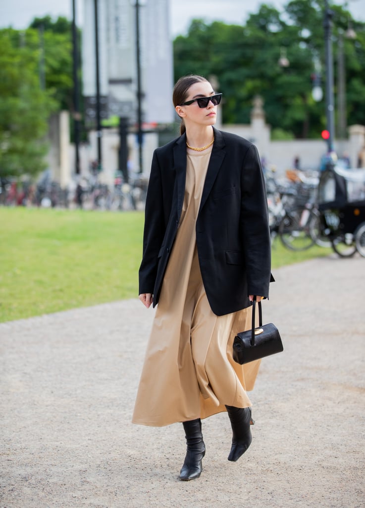 Autumn Outfit Idea: Black Blazer + Tan Dress + Leather Boots