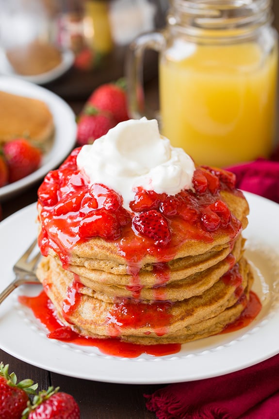 Whole Wheat Pancakes With Honey Sweetened Strawberry Syrup