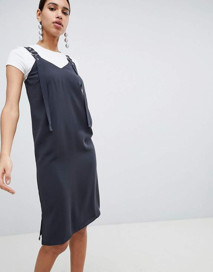 black overall midi dress