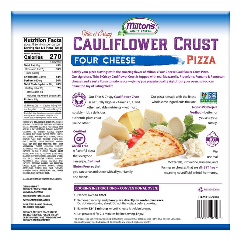 Milton's Cauliflower Crust Pizza Full Nutritional Info