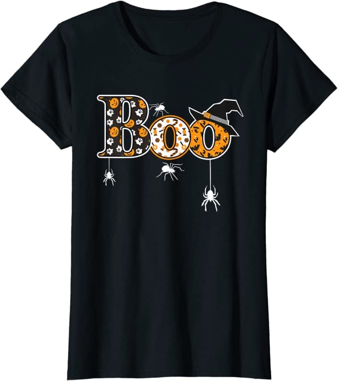 A Classic Spooky Vibe: Boo With Spiders and Witch Hat Halloween T-Shirt