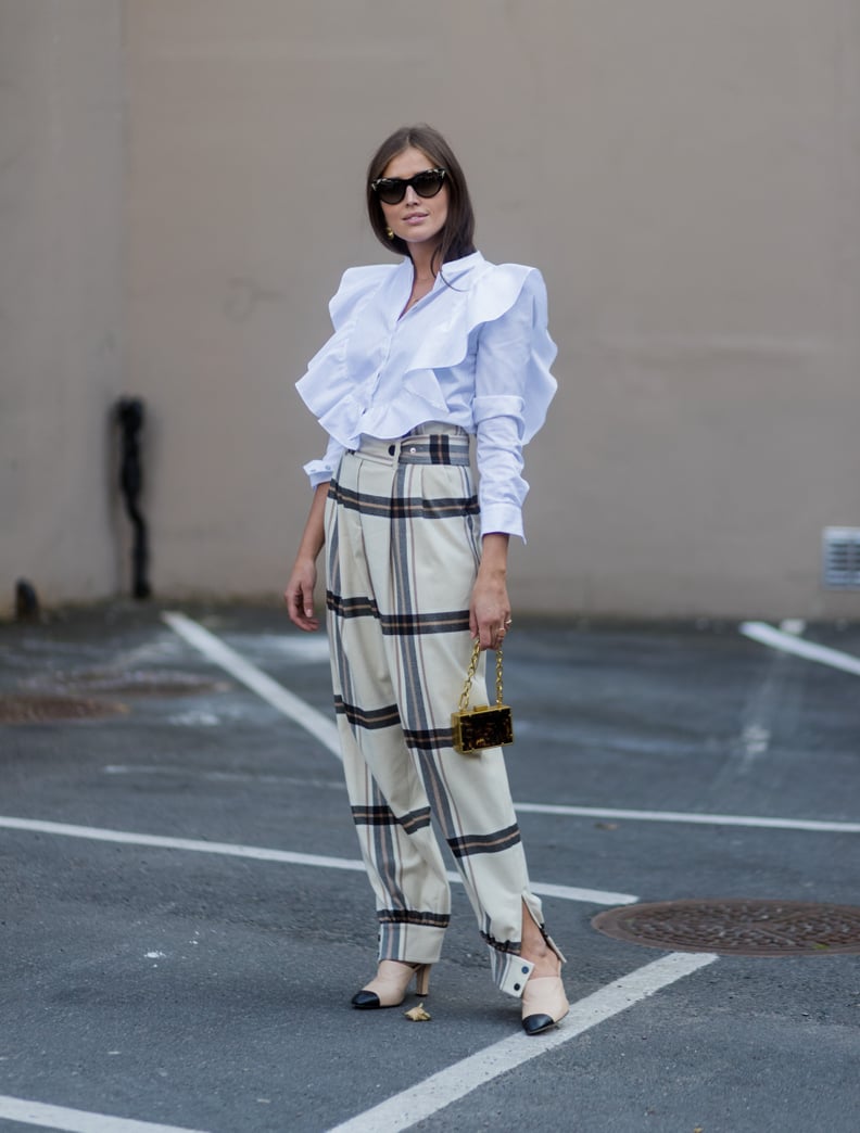With Plaid High-Waisted Trousers and Classic Shoes