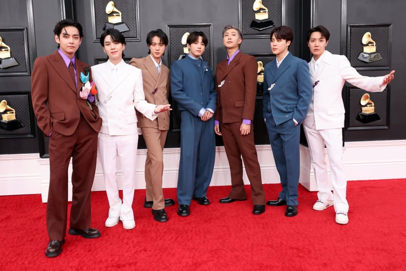 LAS VEGAS, NEVADA - APRIL 03: V, Suga, Jin, Jungkook, RM, Jimin and J-Hope of BTS attends the 64th Annual GRAMMY Awards at MGM Grand Garden Arena on April 03, 2022 in Las Vegas, Nevada. (Photo by Amy Sussman/Getty Images)