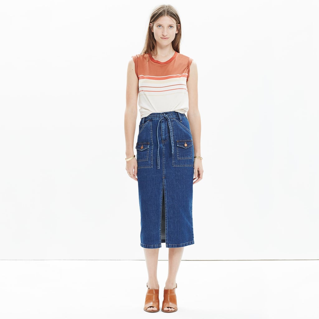 If like me, your denim obsession knows no bounds, you'll be pleased with the way Spring is shaping up. Get a jump on the trend with Madewell's slim pencil skirt ($88), and wear it now with a chunky turtleneck and boots.
— HM