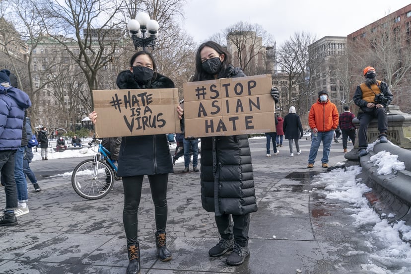 NEW YORK, UNITED STATES - 2021/02/20: More than 200 people gathered on Washington Square Park to rally in support Aisian community, against hate crime and white nationalism. Rally was organized by loosely decentralized movements of ANTIFA (anti-fascist) a