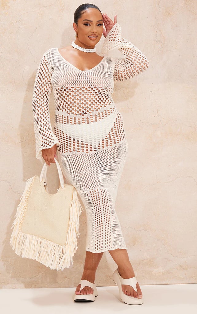 PrettyLittleThing Cream Crochet Long Sleeve Beach Dress