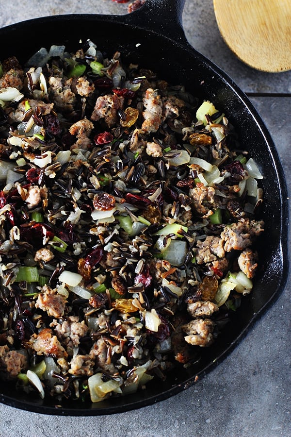 Wild Rice Stuffing With Turkey Italian Sausage, Cranberries, and Hazelnuts