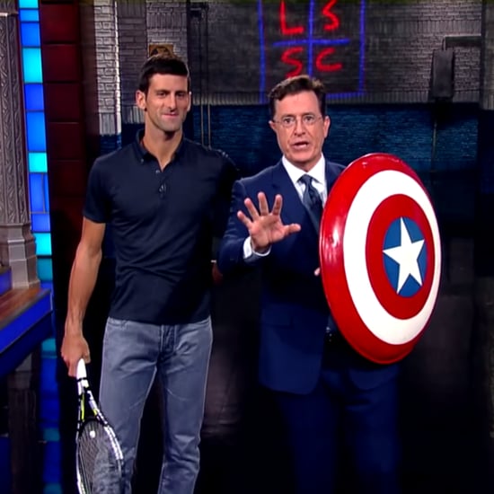 Novak Djokovic Serves Tennis Balls at Stephen Colbert