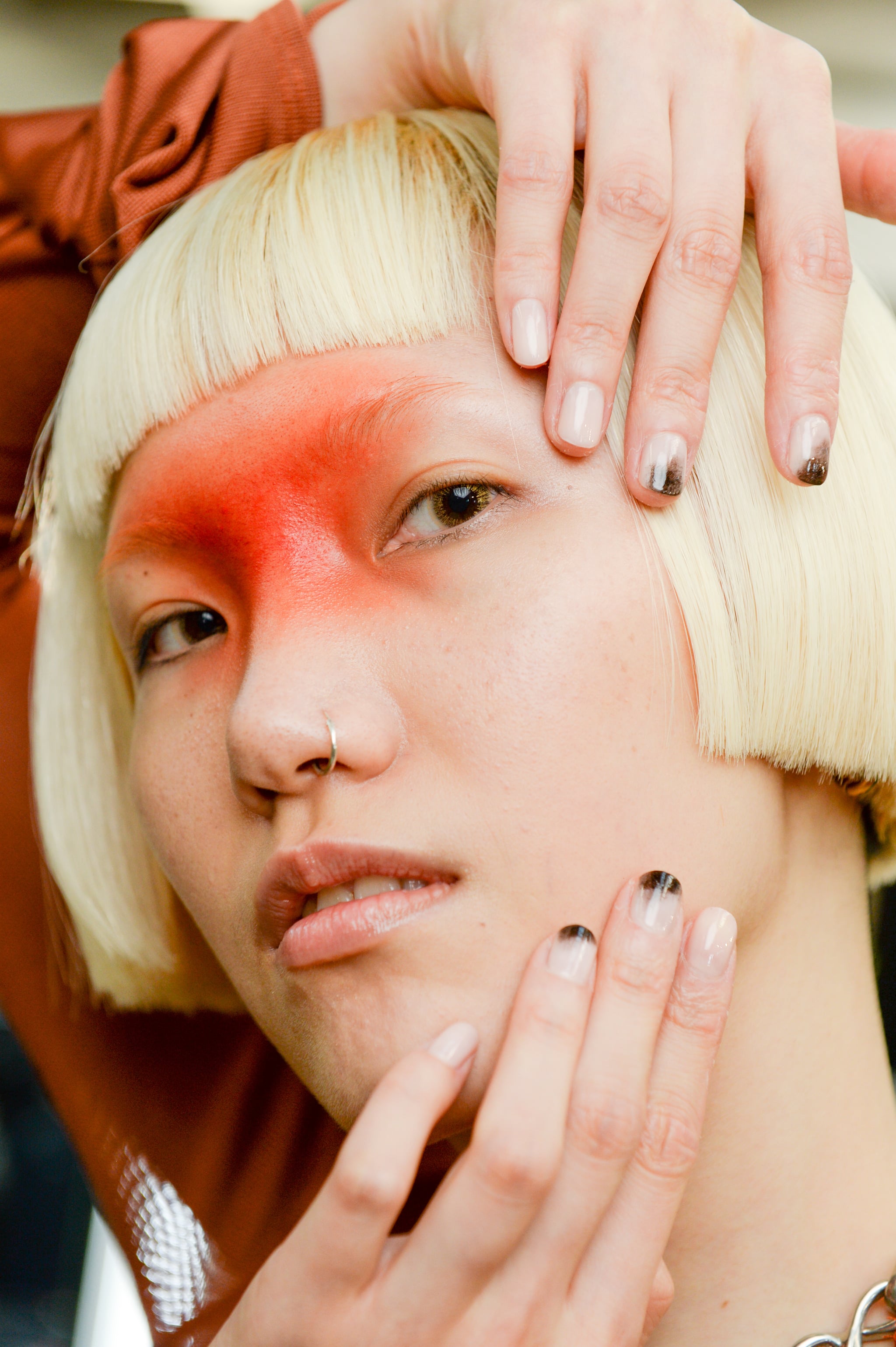 LONDON, ENGLAND - JUNE 12: A model is seen backstage ahead of the Reuben Selby show during London Fashion Week June 2021 on June 12, 2021 in London, England. (Photo by Nicky Sims/BFC/Getty Images)