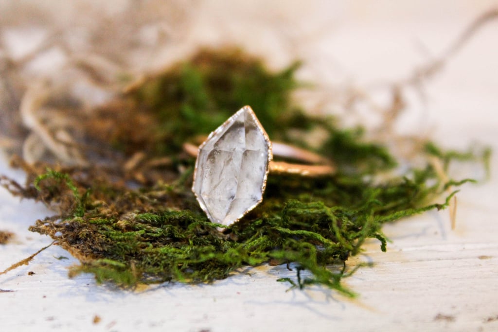 This raw-stone ring from Herkimer Diamond ($100) includes bits of earth, water, oil, and mini crystals that form within the stone upon creation.