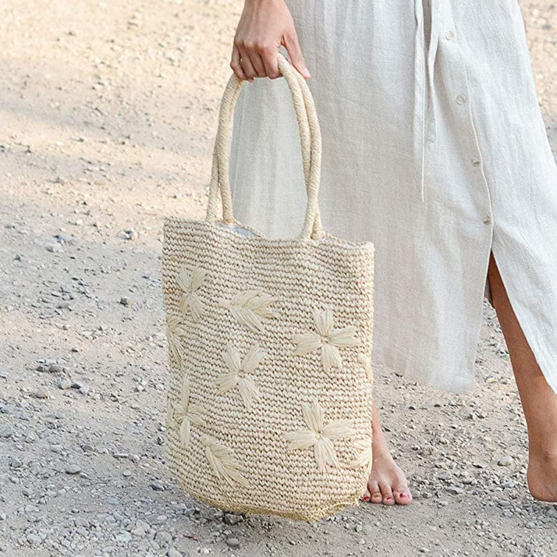 15" Floral Embroidered Raffia Tote Bag