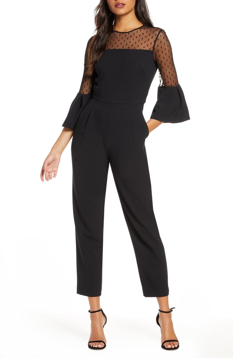 Eliza J Dot Mesh Bell Sleeve Jumpsuit