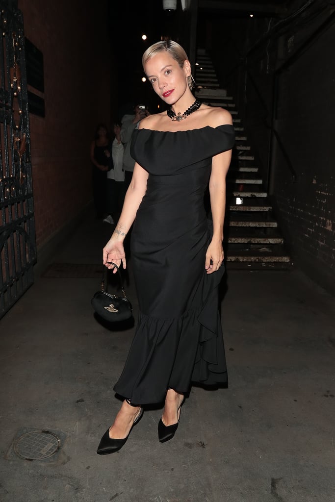 Proving the little black dress is a classic for a reason, Allen wore an off-the-shoulder dress by Vivienne Westwood on 25 July. Paired with a black choker with the iconic Westwood orb and matching bag, she finished the look with a red pop of lipstick.