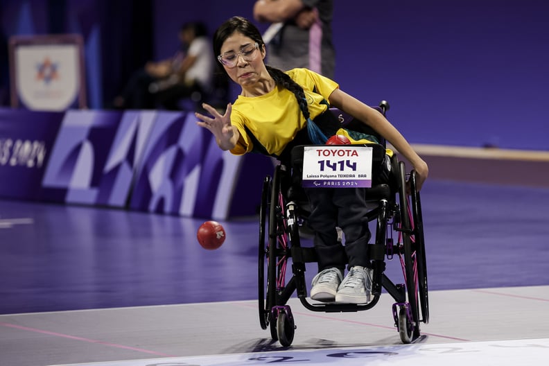 PARIS, FRANCE - AUGUST 29: Laissa Poliana Teixeira of Brazil competes on women's individual during the Boccia modality on day one as part of the Paris 2024 Summer Paralympic Games at South Paris Arena on August 29, 2024 in Paris, France. (Photo by Antonio