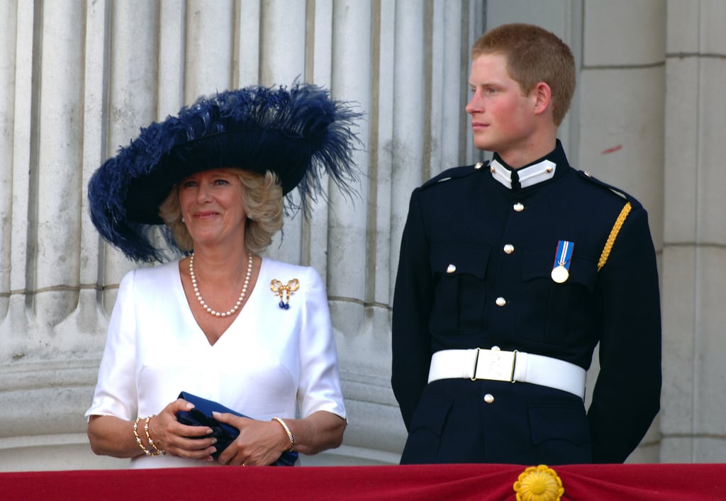 Camilla and Harry watched the flypast from the Buckingham Palace balcony during National Commemoration Day in July 2005.