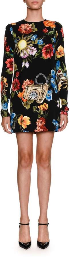 Dolce & Gabbana Floral Telephone-Print Long-Sleeve Charmeuse Cocktail Dress