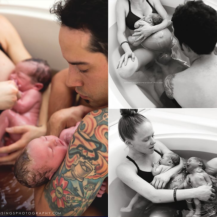 Birth Photos of Dad Delivering Twins in Tub Birth Photos of Dad Delivering Twins in Tub