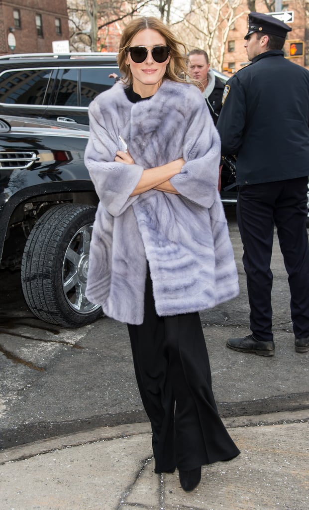 When the temperature dips below zero, what do you wear? Olivia arrived at the Dennis Basso fashion show bundled up in a colorful furry coat.