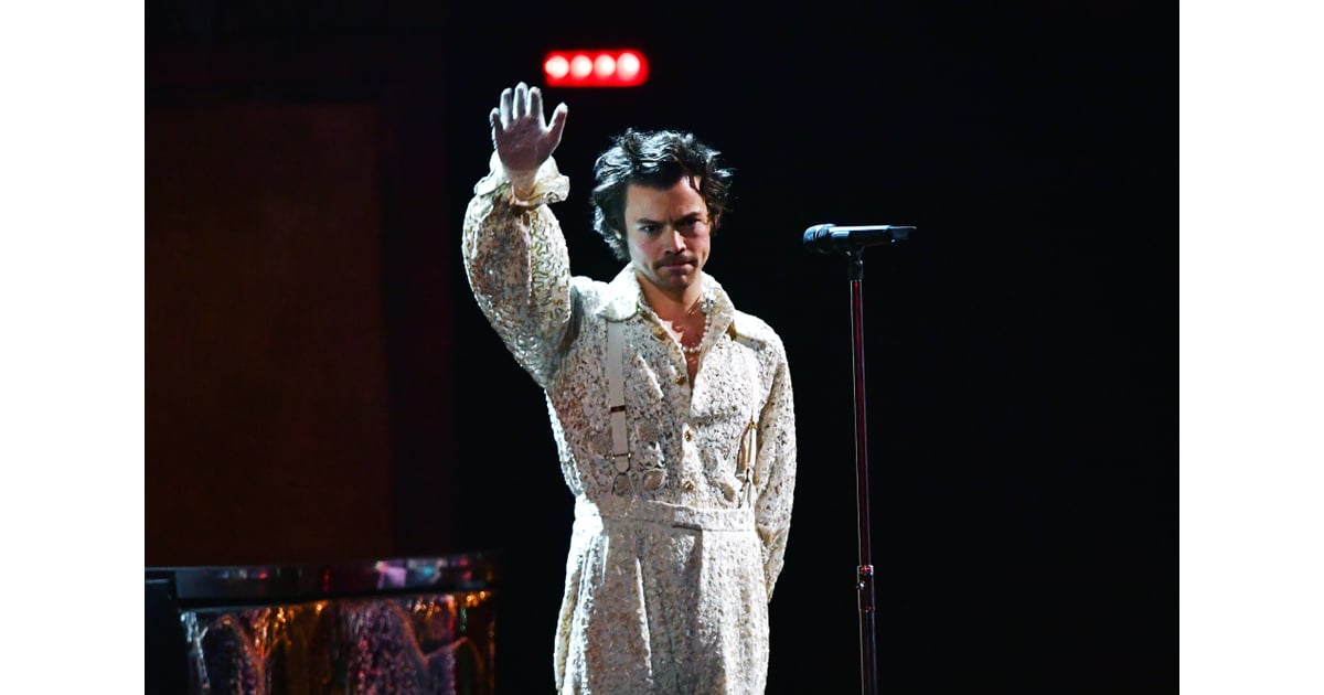 Harry Styles Performing at the 2020 BRIT Awards | Harry Styles's Lace Gucci Jumpsuit at the 2020 ...