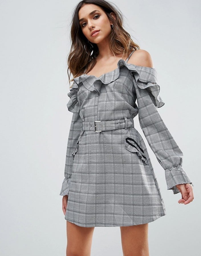 Missguided Check Frill Cold-Shoulder Dress