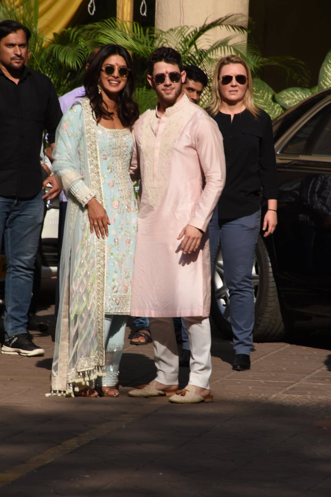 The bride-to-be looked absolutely gorgeous in a powder blue Manish Malhotra World outfit covered with delicate embroidery. Nick opted for a pink outfit from the designer as well.