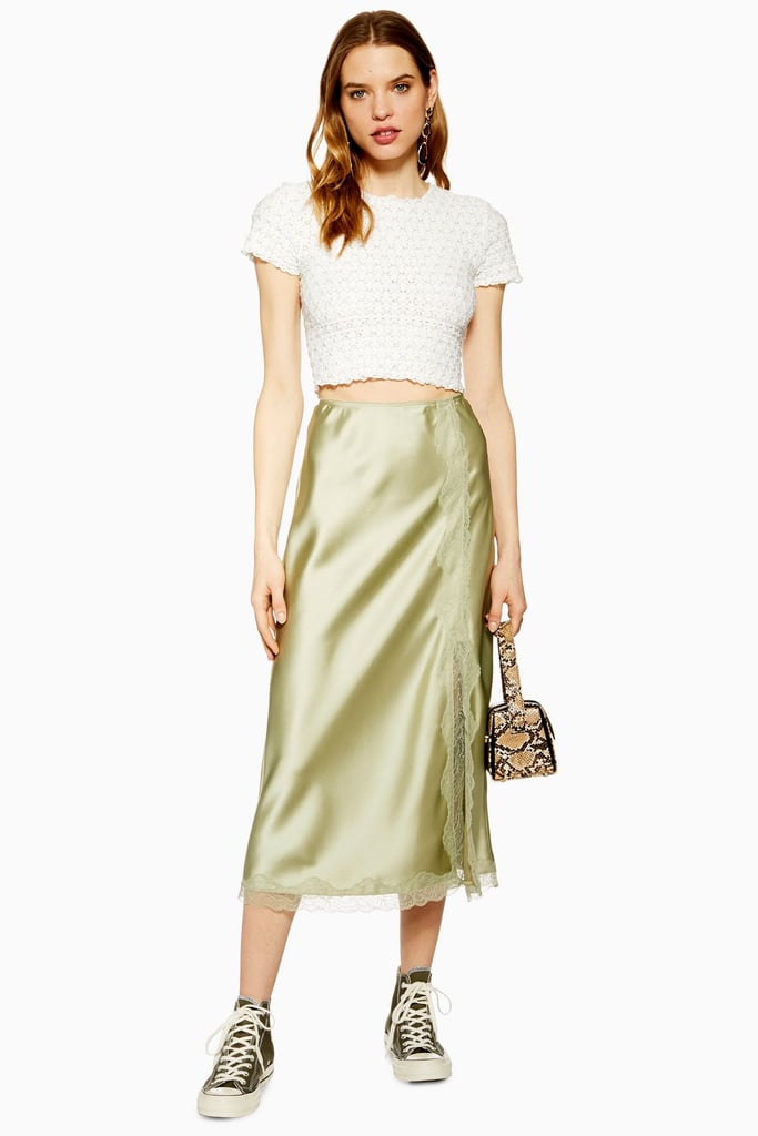 Topshop Lace Trim Bias Satin Midi Skirt