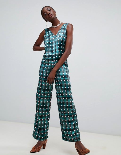 Pieces Check Polka-Dot V-Neck Jumpsuit