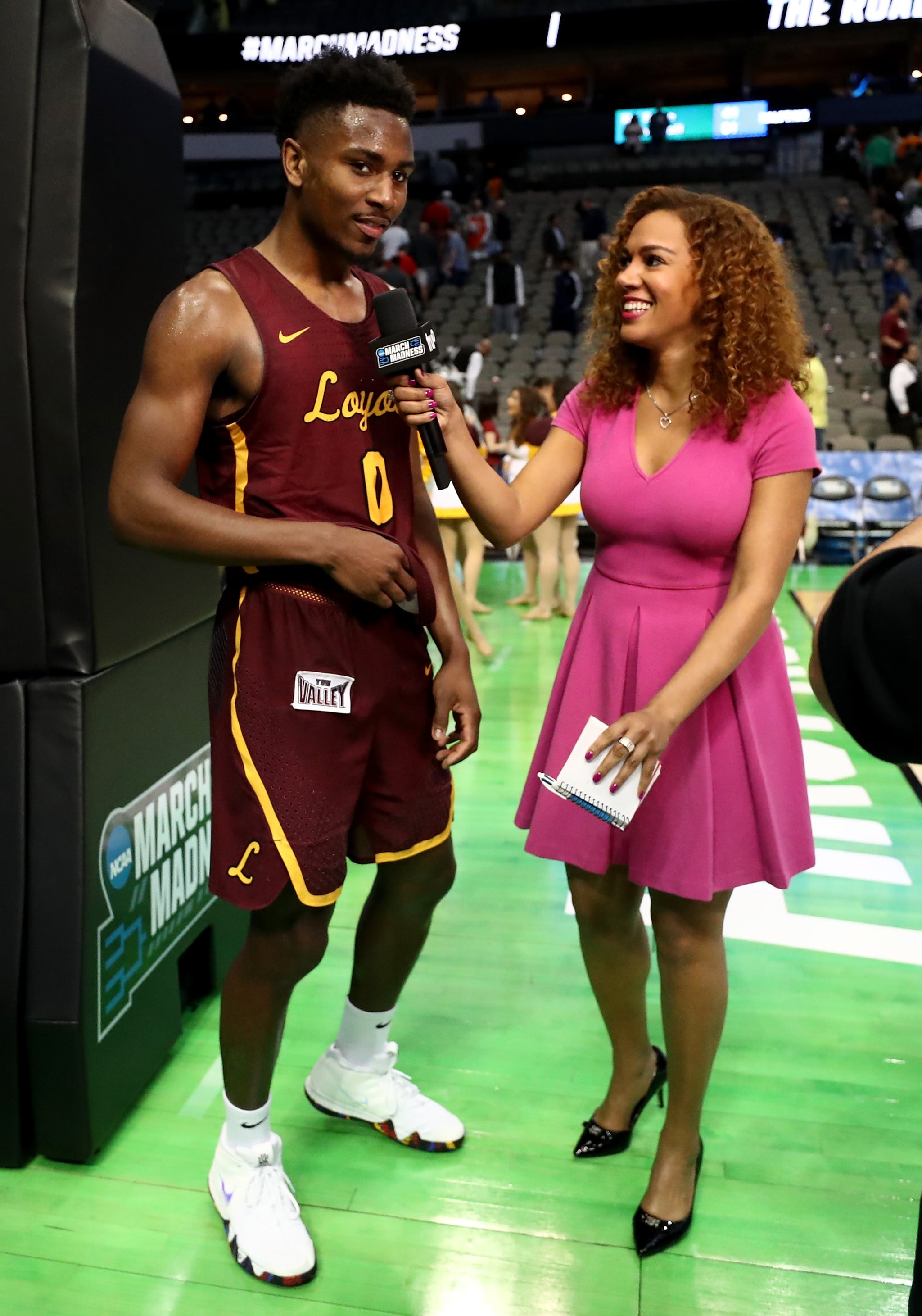 DALLAS, TX - MARCH 15:  Donte Ingram #0 of the Loyola Ramblers talks with Ros Gold-Onwude after his game-winning three pointer against the Miami Hurricanes in the first round of the 2018 NCAA Men's Basketball Tournament at American Airlines centre on March 15, 2018 in Dallas, Texas.  (Photo by Ronald Martinez/Getty Images)