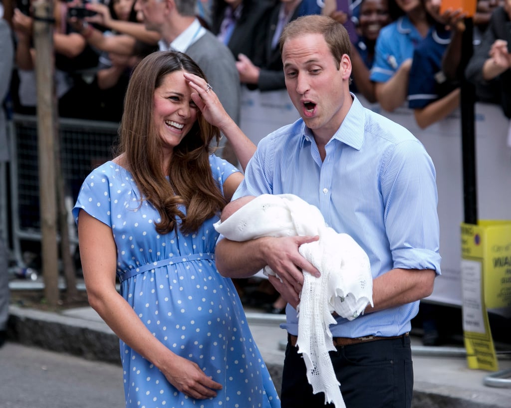 As expected, Kate's postpartum style was a hot topic. She chose a blue polka dot Jenny Packham dress and wedges for her first appearance while William coordinated in a light blue shirt. The playful pattern was taken as a nod to Princess Diana, who wore a dot print when she emerged from St. Mary's Hospital following the birth of Prince William.
What was under Kate's dress was also, unfortunately, discussed. Many praised the young royal for proudly displaying her still round (and totally normal!) postpartum stomach, while others were shocked to discover that just hours after delivering a baby most women do not, in fact, look like Victoria's Secret models. At the very least, Kate's unapologetic appearance sparked an interesting and informative conversation about postpartum realities.