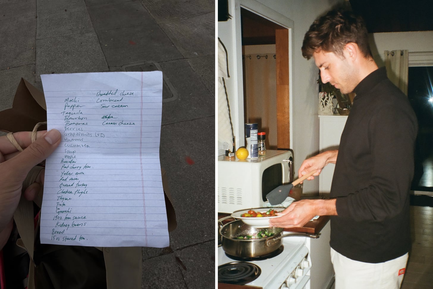 Side by side photos show a grocery list and a man cooking.