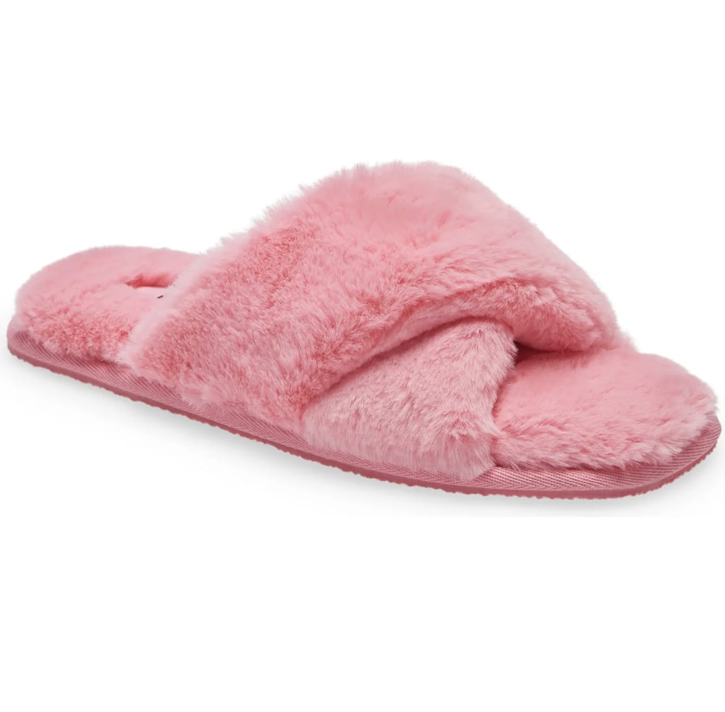 Slip and Slide: BP. Mae Cross Strap Faux Fur Slippers