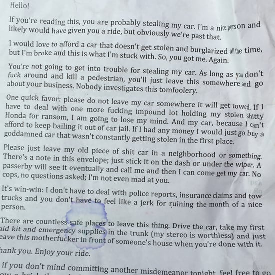 Woman Writes Note to Person Stealing Her Car