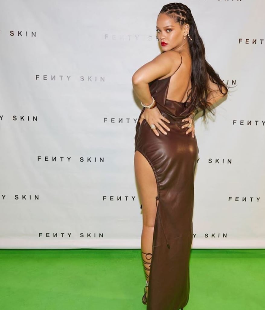 Rihanna S Brown Leather Dress At Her Fenty Skin Launch Popsugar Fashion Uk