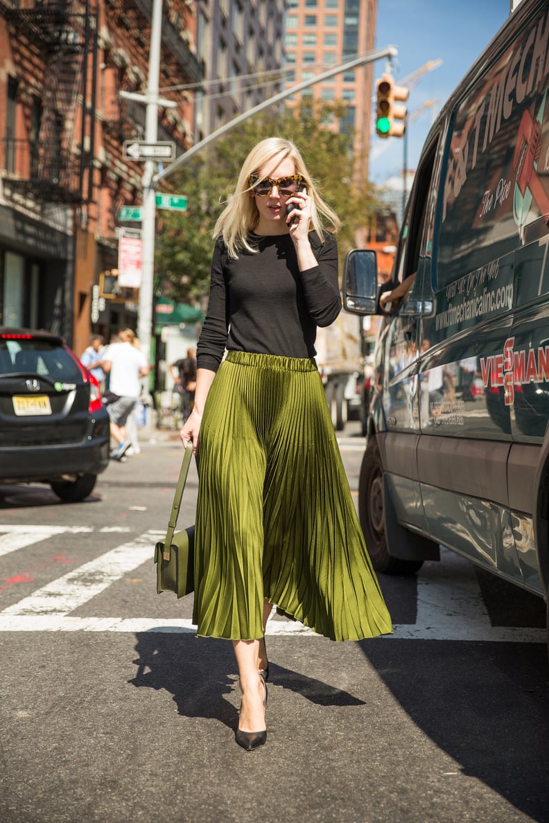 A Pleated Midi, Simple Three-Quarter-Sleeved Tee, and Matching Bag