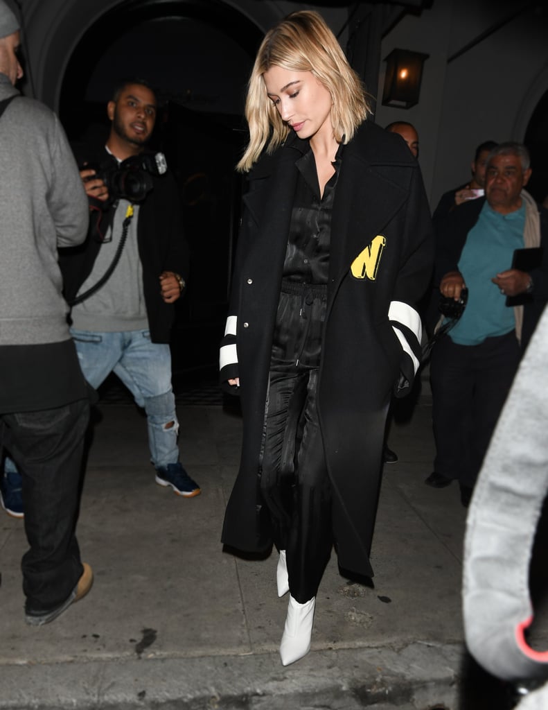 Hailey Baldwin in an Off-White duster coat.