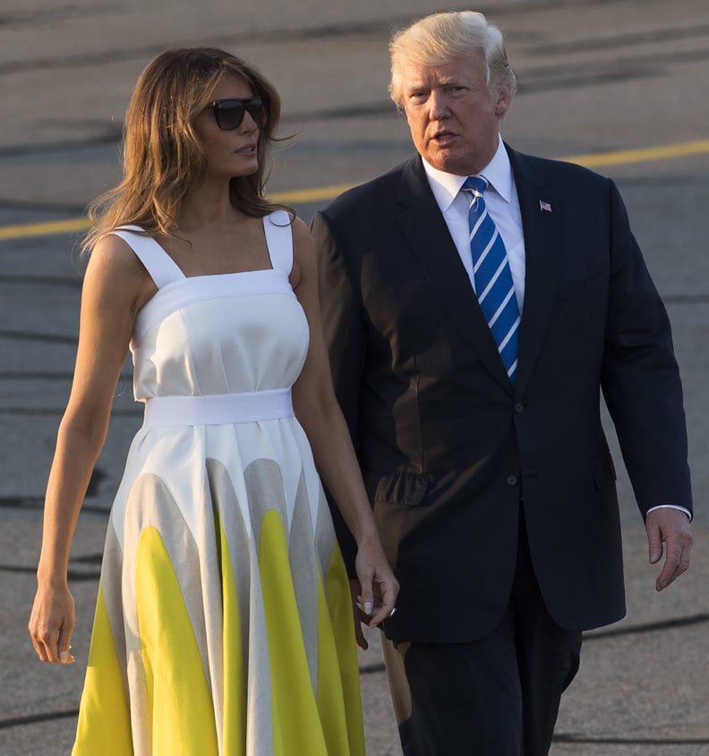 Melania Trump Was Spotted at an Airport in New Jersey Wearing a White and Yellow Delpozo Dress