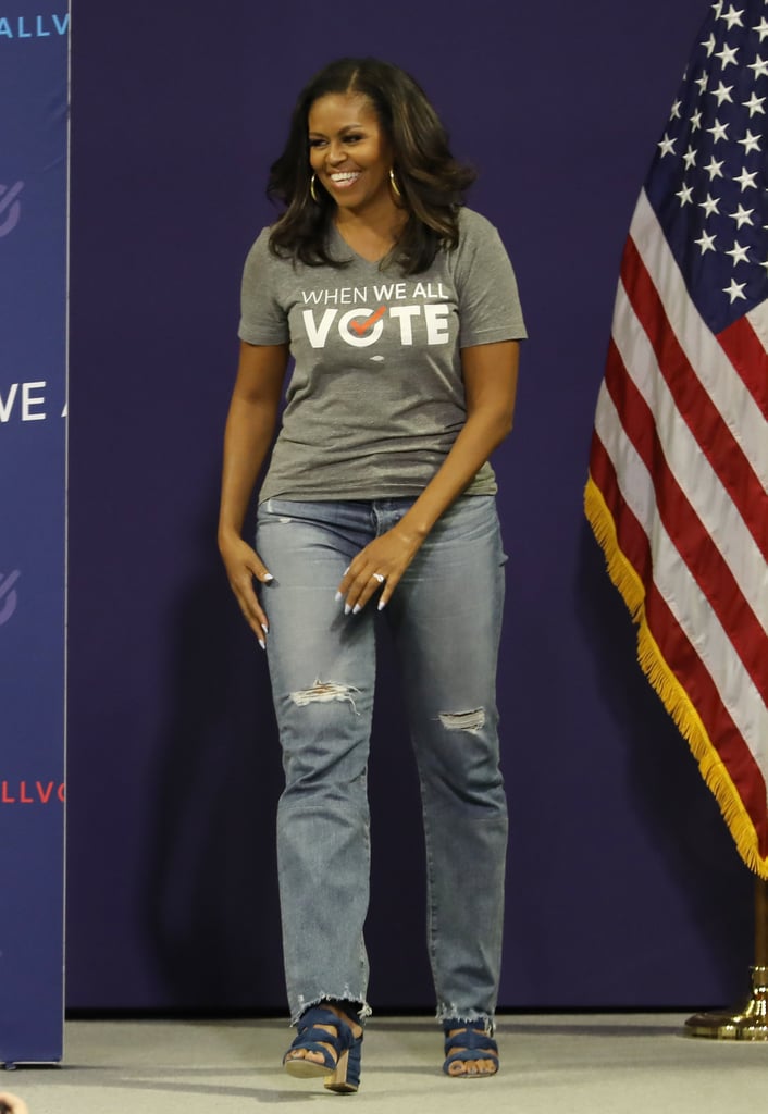 For the When We All Vote Rally in 2018, she stepped out in a pair of distressed jeans that she paired with a When We All Vote tee and heeled sandals.