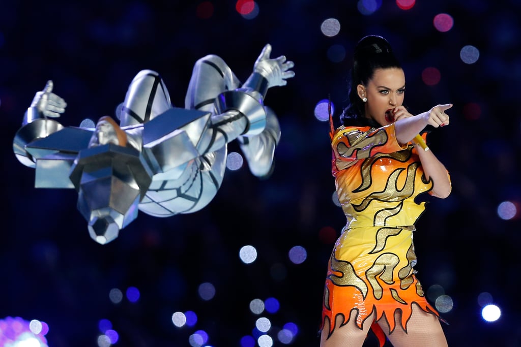 Katy Perry's Two-Piece Jeremy Scott Flame Dress at Super Bowl XLIX in 2015