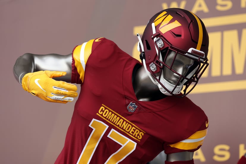 LANDOVER, MARYLAND - FEBRUARY 02: A detailed view of the new Washington Commanders uniforms following the announcement of the Washington Football Team's name change to the Washington Commanders at FedExField on February 02, 2022 in Landover, Maryland. (Ph