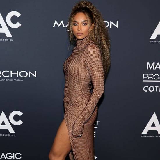 See Ciara's Brown Rhinestone, Thigh Slit LaQuan Smith Dress