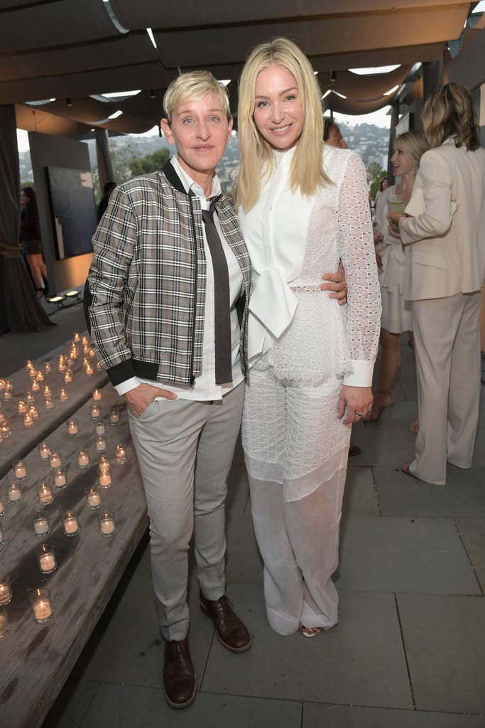 Portia de Rossi had the support of her wife, Ellen DeGeneres, at her star-studded General Public x Restoration Hardware launch party in LA on Wednesday night. Portia is the cofounder and CEO of the art company, and the affair brought out the couple's pals Kris Jenner, Corey Gamble, Chrissy Teigen, John Legend, Ellen Pompeo, January Jones, and Nate Berkus. The event also doubled as Ellen and Portia's first official appearance in almost a year (they attended the People's Choice Awards back in August 2017), and Portia made sure to address those pesky divorce rumors while there. 
"The divorce rumors came and then we really knew the perceptions had changed," Portia told Us Weekly. "I'm not kidding. I know it sounds ridiculous, but when that started happening, I thought, 'Oh, now we're finally accepted.' We get the same sh*t as every celebrity couple. I thought, 'Wow, this is great that I'm pregnant, not pregnant, divorced, not divorced, whatever. That means there is an acceptance for this."
Portia and Ellen first got together in 2004 and tied the knot in 2008. Aug. 16 will mark their 10th wedding anniversary — wow, a whole decade! Congrats, Portia and Ellen!