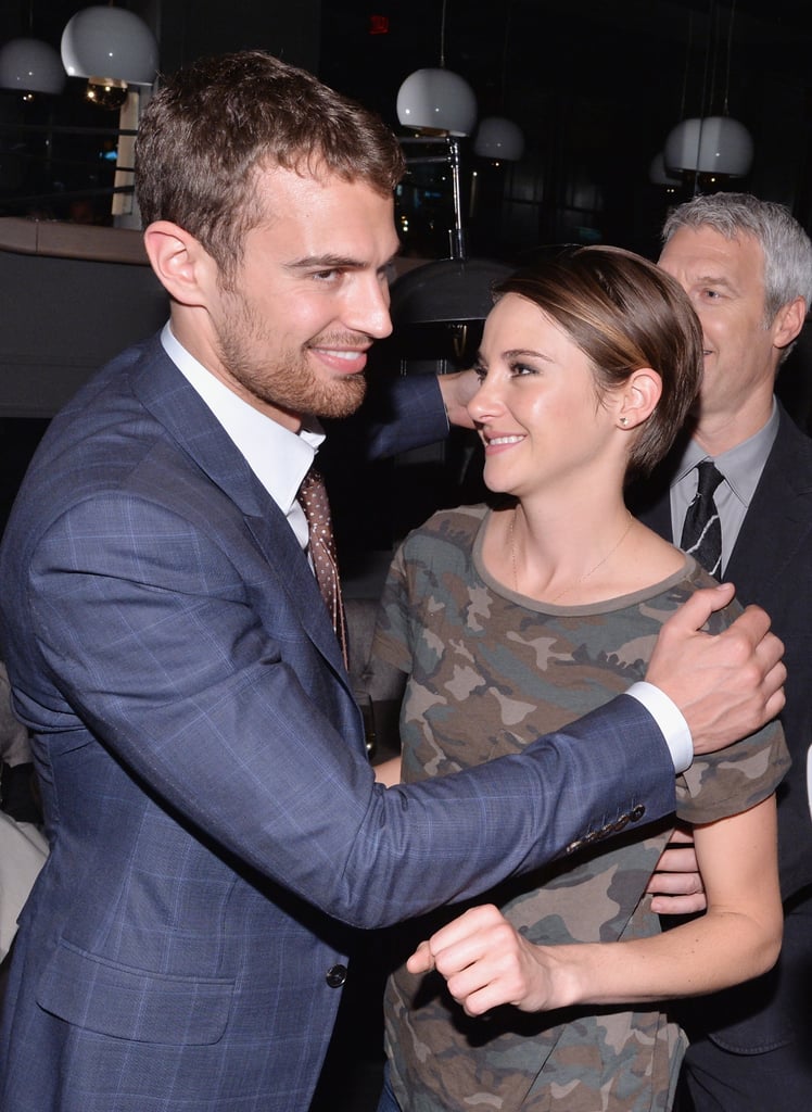 Theo James and Shailene Woodley hugged it out at Marie Claire's Divergent party in NYC on Thursday night.